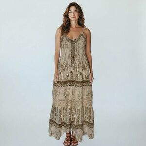 Me 2 Magic Metallic Gold Boho Maxi Dress NWT Tiered Lace Festival Glam M